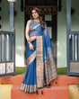 Load image into Gallery viewer, Royal Blue Plain Chiffon Saree with Gold Zari Border, Geometric Printed Blouse &amp; Tassel Detailing CHIFFON