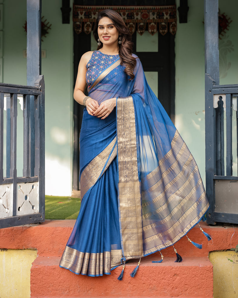 Royal Blue Plain Chiffon Saree with Gold Zari Border, Geometric Printed Blouse & Tassel Detailing CHIFFON