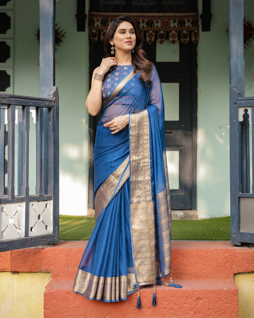 Royal Blue Plain Chiffon Saree with Gold Zari Border, Geometric Printed Blouse & Tassel Detailing CHIFFON