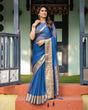 Load image into Gallery viewer, Royal Blue Plain Chiffon Saree with Gold Zari Border, Geometric Printed Blouse &amp; Tassel Detailing CHIFFON