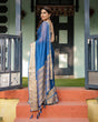 Load image into Gallery viewer, Royal Blue Plain Chiffon Saree with Gold Zari Border, Geometric Printed Blouse &amp; Tassel Detailing CHIFFON