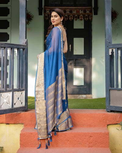 Royal Blue Plain Chiffon Saree with Gold Zari Border, Geometric Printed Blouse & Tassel Detailing CHIFFON