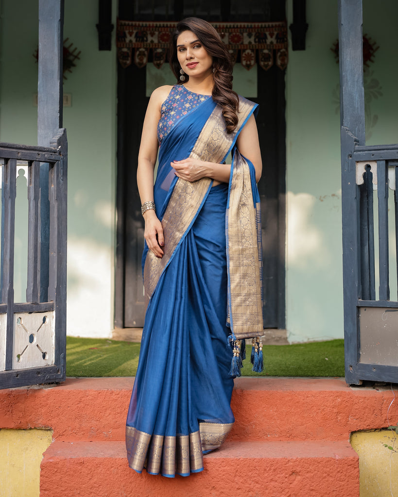Royal Blue Plain Chiffon Saree with Gold Zari Border, Geometric Printed Blouse & Tassel Detailing CHIFFON