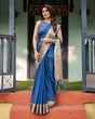 Load image into Gallery viewer, Royal Blue Plain Chiffon Saree with Gold Zari Border, Geometric Printed Blouse &amp; Tassel Detailing CHIFFON