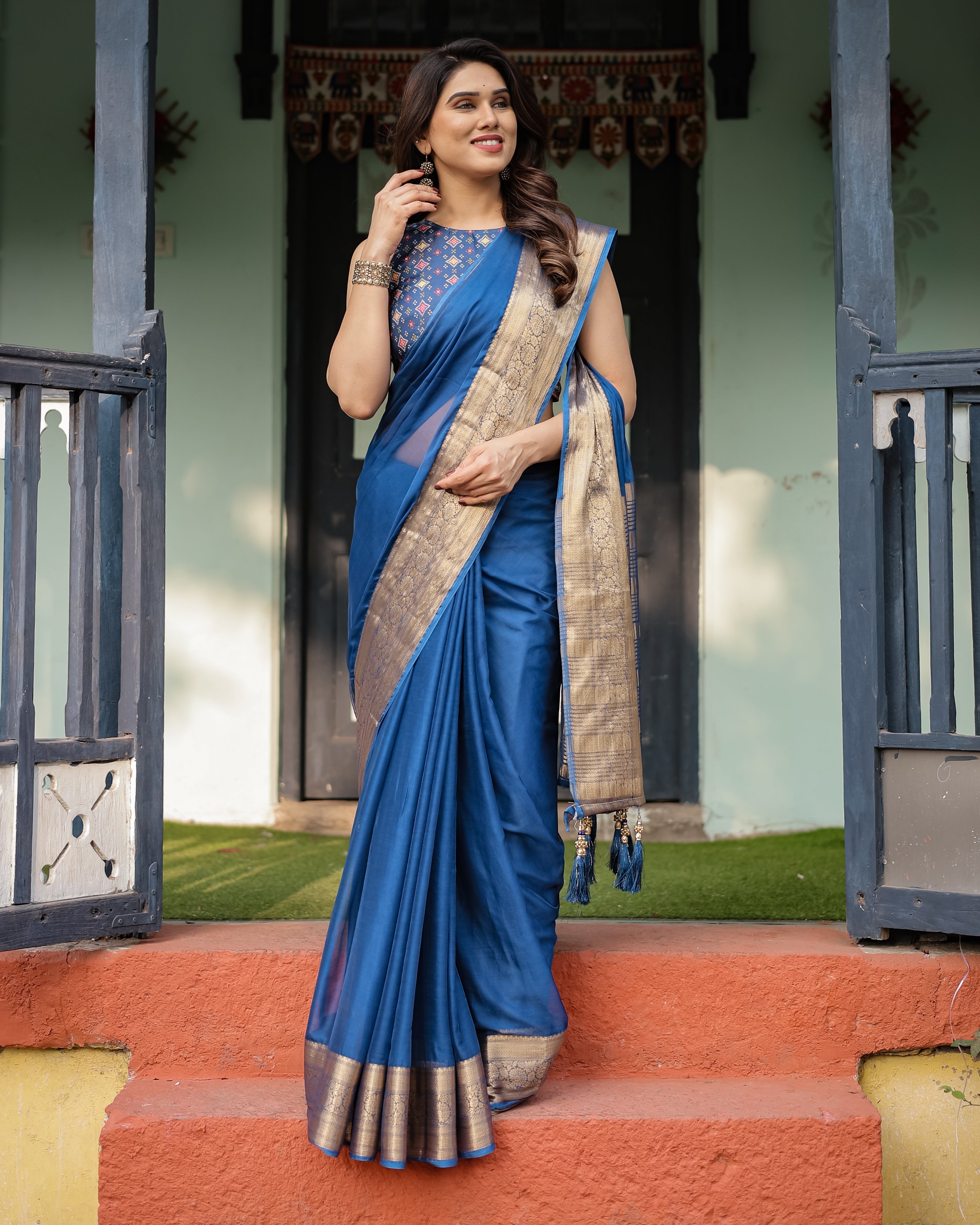 Royal Blue Plain Chiffon Saree with Gold Zari Border, Geometric Printed Blouse & Tassel Detailing CHIFFON Main image