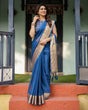 Load image into Gallery viewer, Royal Blue Plain Chiffon Saree with Gold Zari Border, Geometric Printed Blouse &amp; Tassel Detailing CHIFFON