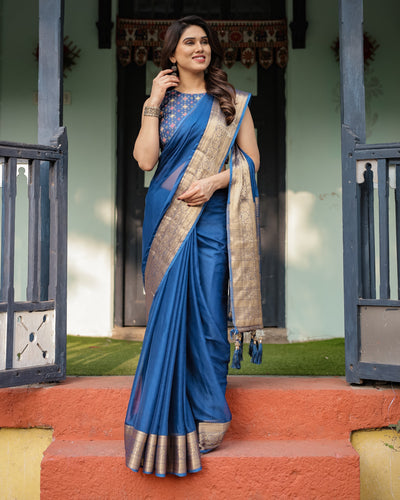 Royal Blue Plain Chiffon Saree with Gold Zari Border, Geometric Printed Blouse & Tassel Detailing CHIFFON