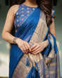 Load image into Gallery viewer, Royal Blue Plain Chiffon Saree with Gold Zari Border, Geometric Printed Blouse &amp; Tassel Detailing CHIFFON