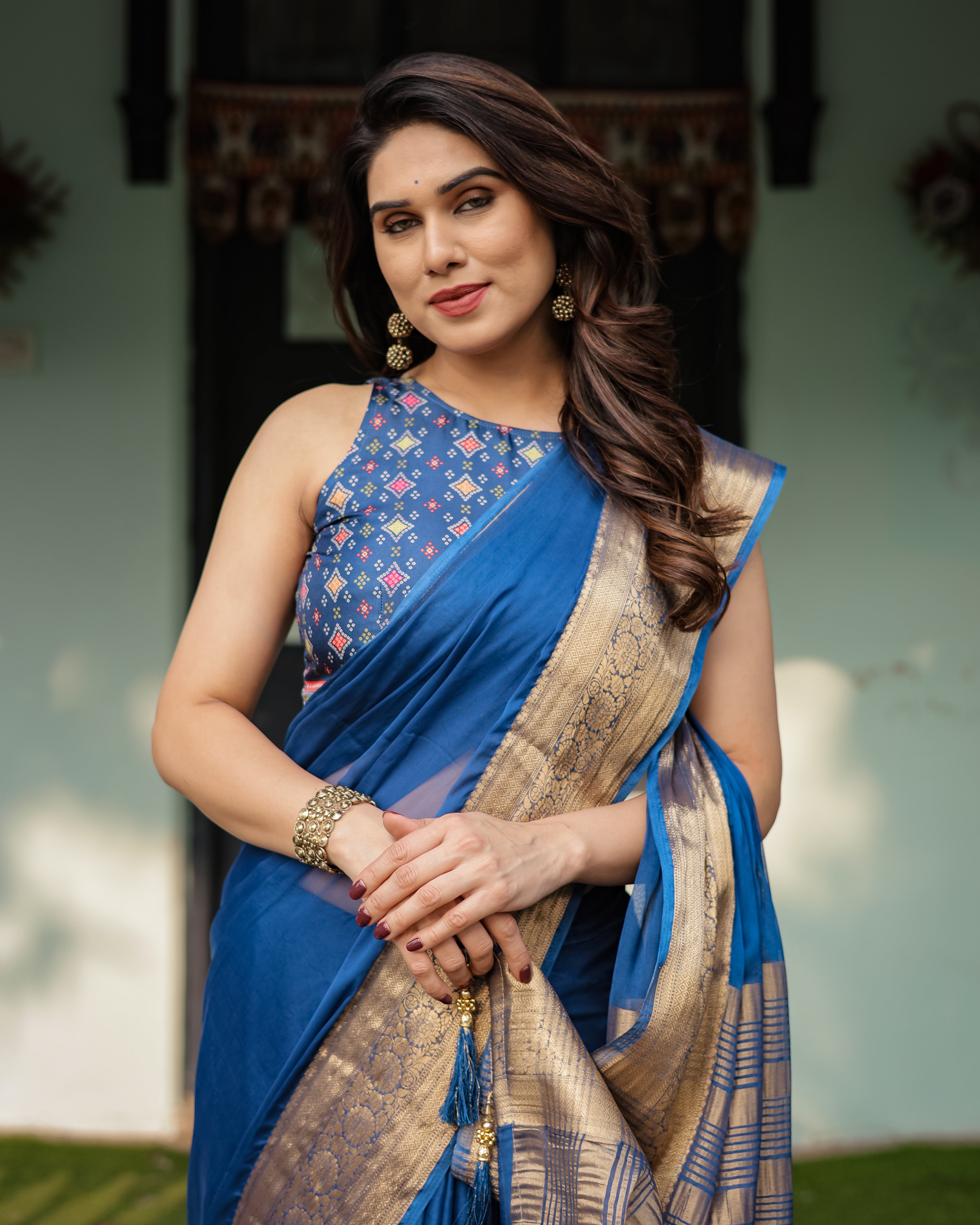 Royal Blue Plain Chiffon Saree with Gold Zari Border, Geometric Printed Blouse & Tassel Detailing CHIFFON