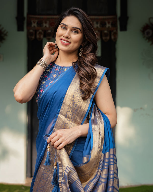 Royal Blue Plain Chiffon Saree with Gold Zari Border, Geometric Printed Blouse & Tassel Detailing CHIFFON