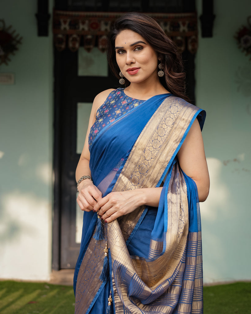 Royal Blue Plain Chiffon Saree with Gold Zari Border, Geometric Printed Blouse & Tassel Detailing CHIFFON