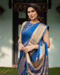 Load image into Gallery viewer, Royal Blue Plain Chiffon Saree with Gold Zari Border, Geometric Printed Blouse &amp; Tassel Detailing CHIFFON