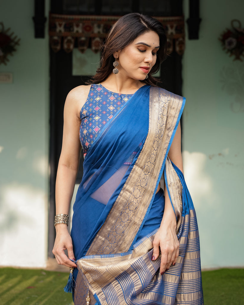 Royal Blue Plain Chiffon Saree with Gold Zari Border, Geometric Printed Blouse & Tassel Detailing CHIFFON