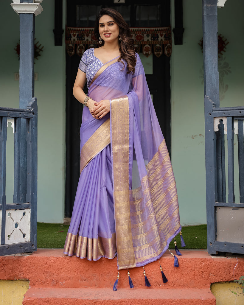 Lavender Plain Chiffon Saree with Gold Zari Border, Geometric Printed Blouse & Tassel Detailing CHIFFON