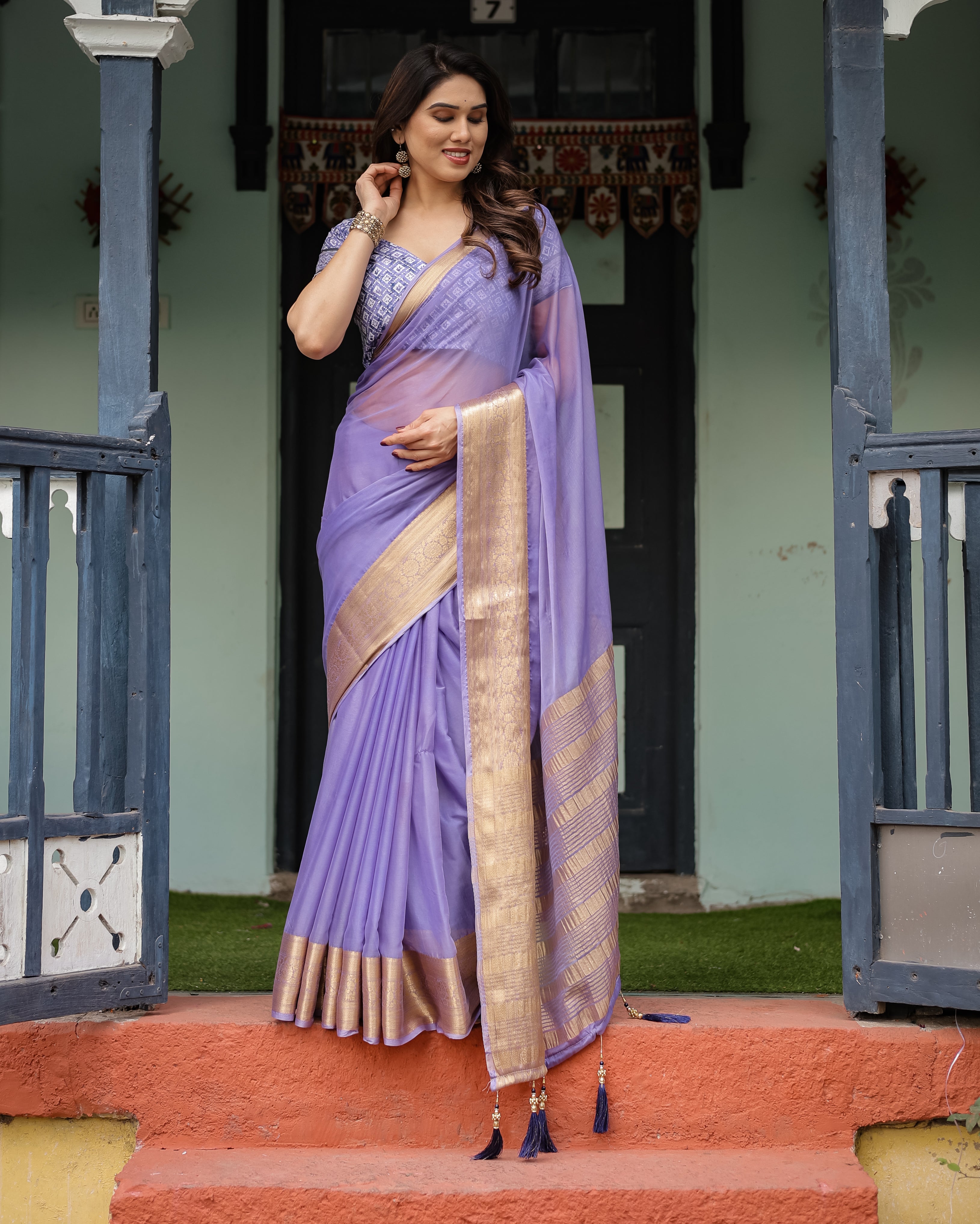 Lavender Plain Chiffon Saree with Gold Zari Border, Geometric Printed Blouse & Tassel Detailing Secondary image