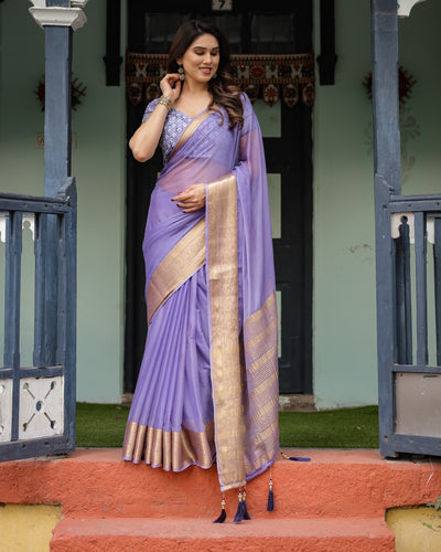 Lavender Plain Chiffon Saree with Gold Zari Border, Geometric Printed Blouse & Tassel Detailing CHIFFON