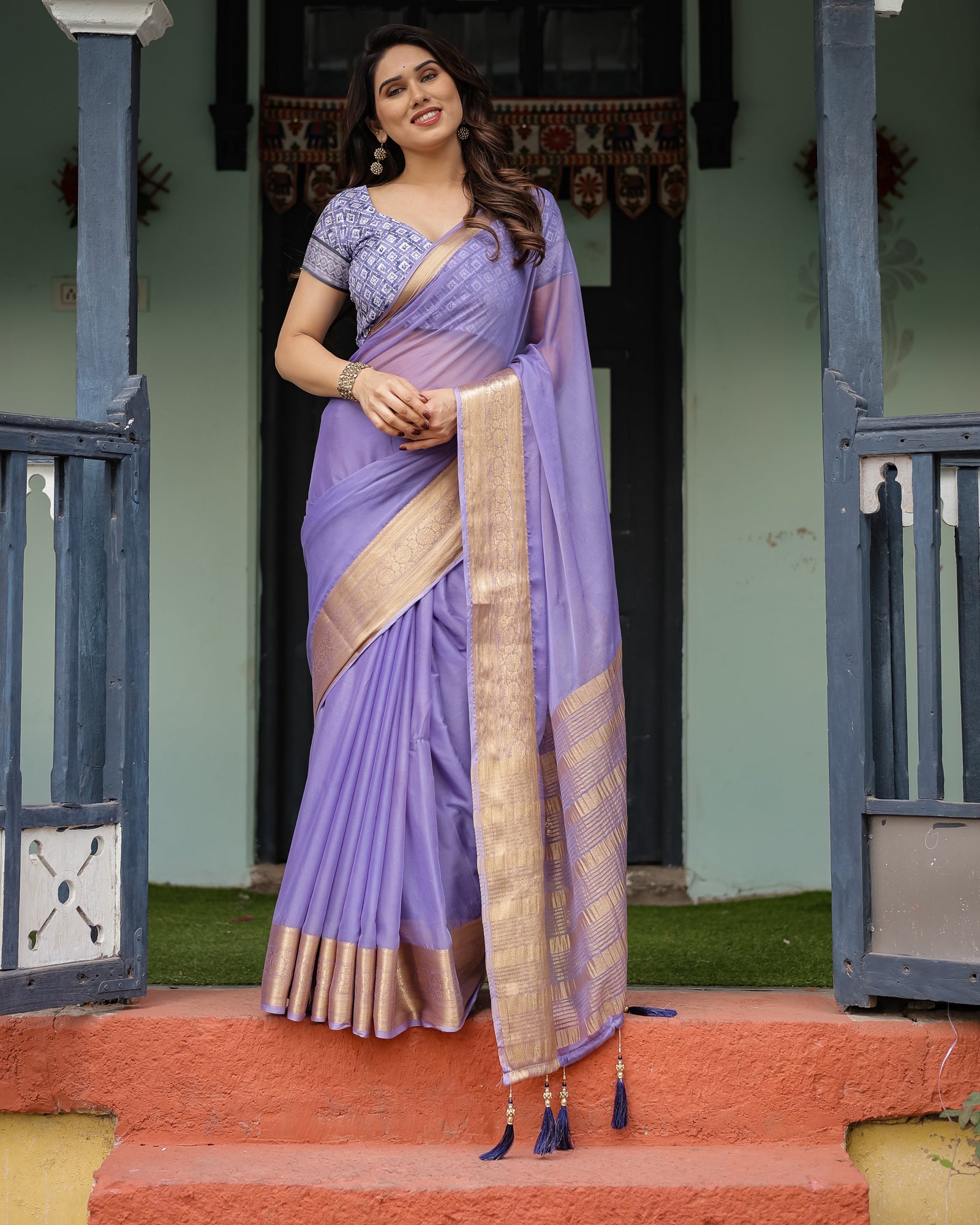 Lavender Plain Chiffon Saree with Gold Zari Border, Geometric Printed Blouse & Tassel Detailing CHIFFON
