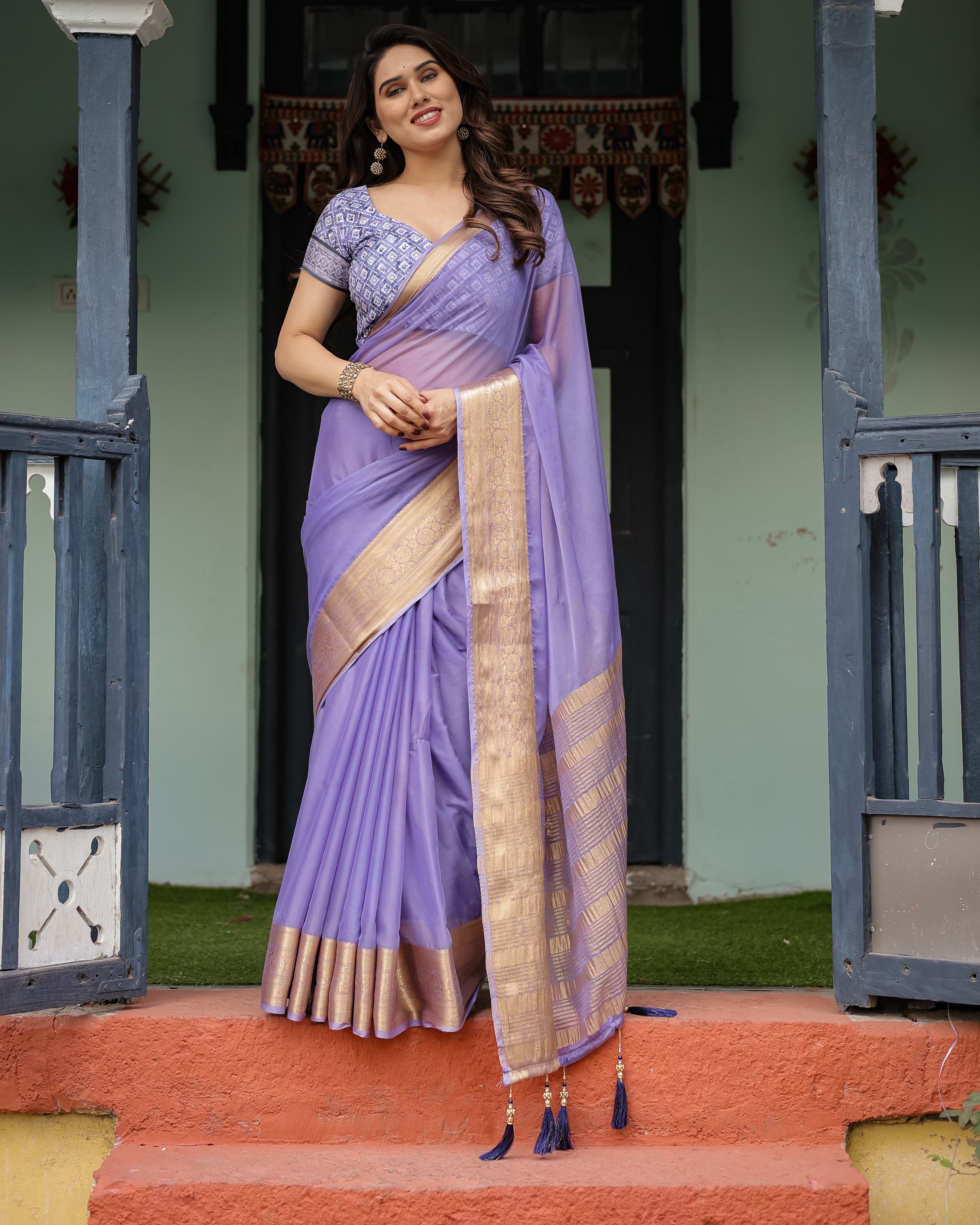 Lavender Plain Chiffon Saree with Gold Zari Border, Geometric Printed Blouse & Tassel Detailing CHIFFON
