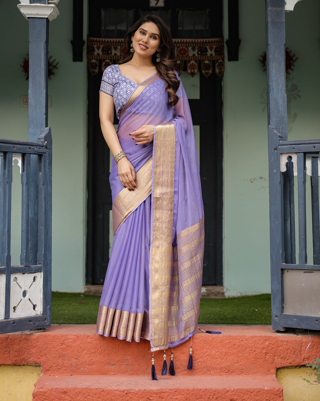 Lavender Plain Chiffon Saree with Gold Zari Border, Geometric Printed Blouse & Tassel Detailing CHIFFON