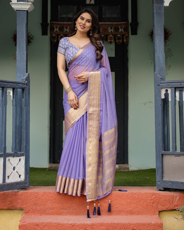 Lavender Plain Chiffon Saree with Gold Zari Border, Geometric Printed Blouse & Tassel Detailing CHIFFON