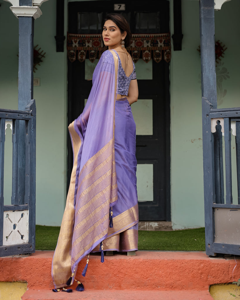 Lavender Plain Chiffon Saree with Gold Zari Border, Geometric Printed Blouse & Tassel Detailing CHIFFON