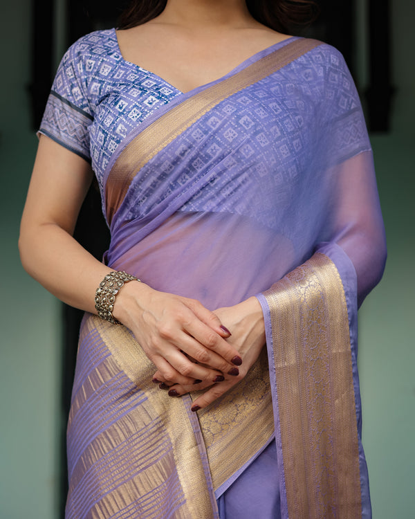 Lavender Plain Chiffon Saree with Gold Zari Border, Geometric Printed Blouse & Tassel Detailing CHIFFON