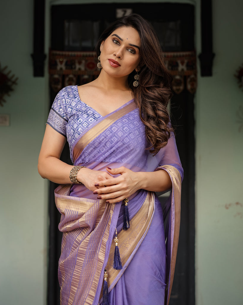 Lavender Plain Chiffon Saree with Gold Zari Border, Geometric Printed Blouse & Tassel Detailing CHIFFON
