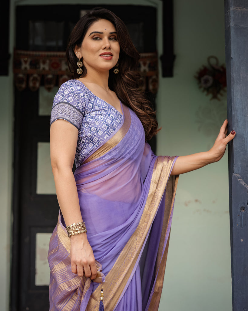 Lavender Plain Chiffon Saree with Gold Zari Border, Geometric Printed Blouse & Tassel Detailing CHIFFON