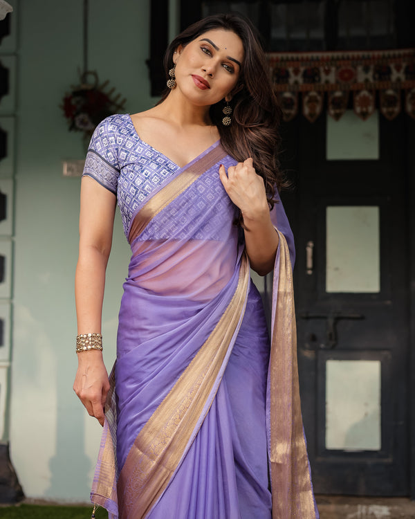 Lavender Plain Chiffon Saree with Gold Zari Border, Geometric Printed Blouse & Tassel Detailing CHIFFON