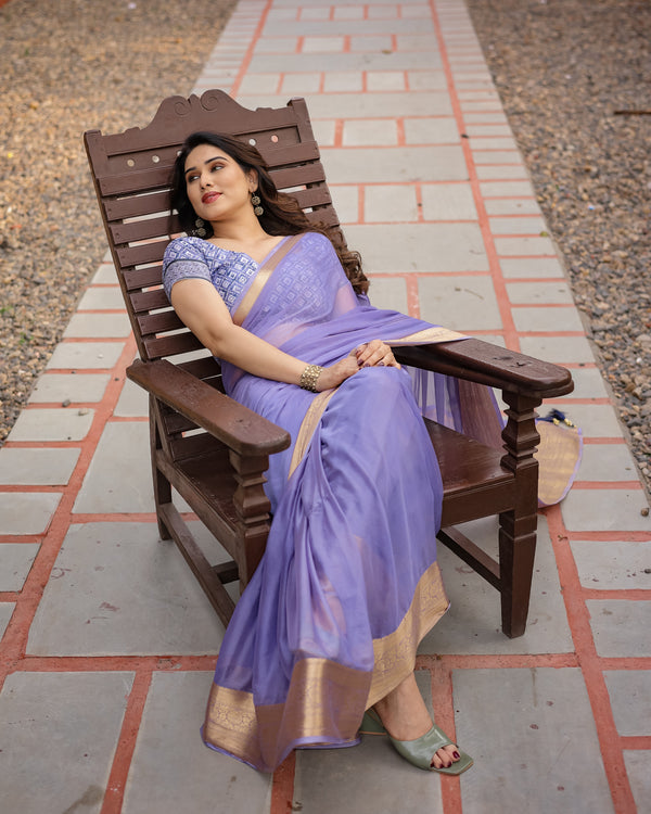 Lavender Plain Chiffon Saree with Gold Zari Border, Geometric Printed Blouse & Tassel Detailing CHIFFON