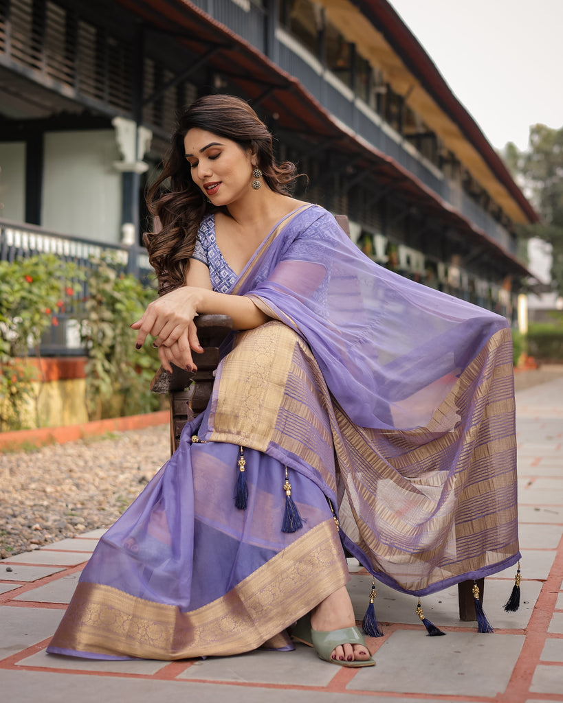 Lavender Plain Chiffon Saree with Gold Zari Border, Geometric Printed Blouse & Tassel Detailing CHIFFON