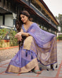 Load image into Gallery viewer, Lavender Plain Chiffon Saree with Gold Zari Border, Geometric Printed Blouse &amp; Tassel Detailing CHIFFON