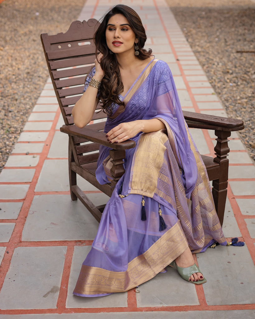 Lavender Plain Chiffon Saree with Gold Zari Border, Geometric Printed Blouse & Tassel Detailing CHIFFON