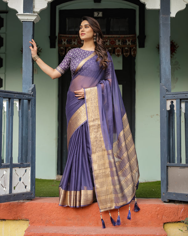 Deep Violet Plain Chiffon Saree with Gold Zari Border, Floral Printed Blouse & Tassel Detailing CHIFFON