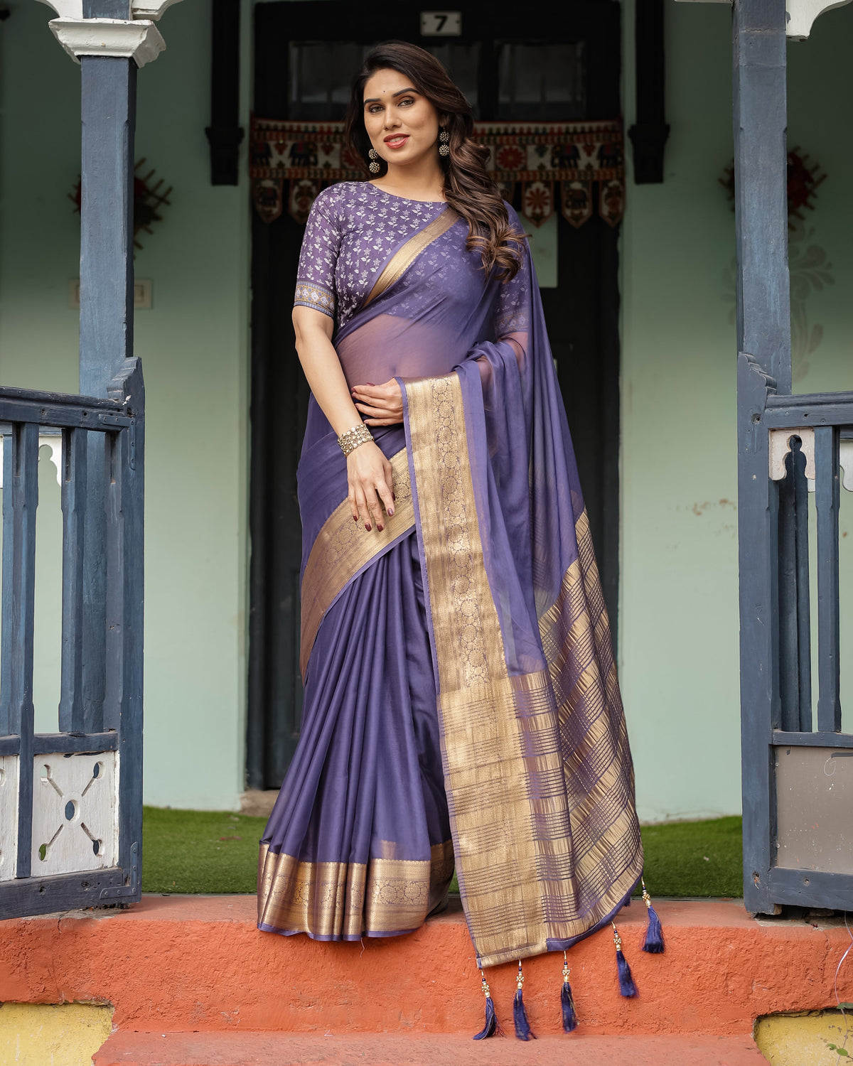Deep Violet Plain Chiffon Saree with Gold Zari Border, Floral Printed Blouse & Tassel Detailing CHIFFON Main image