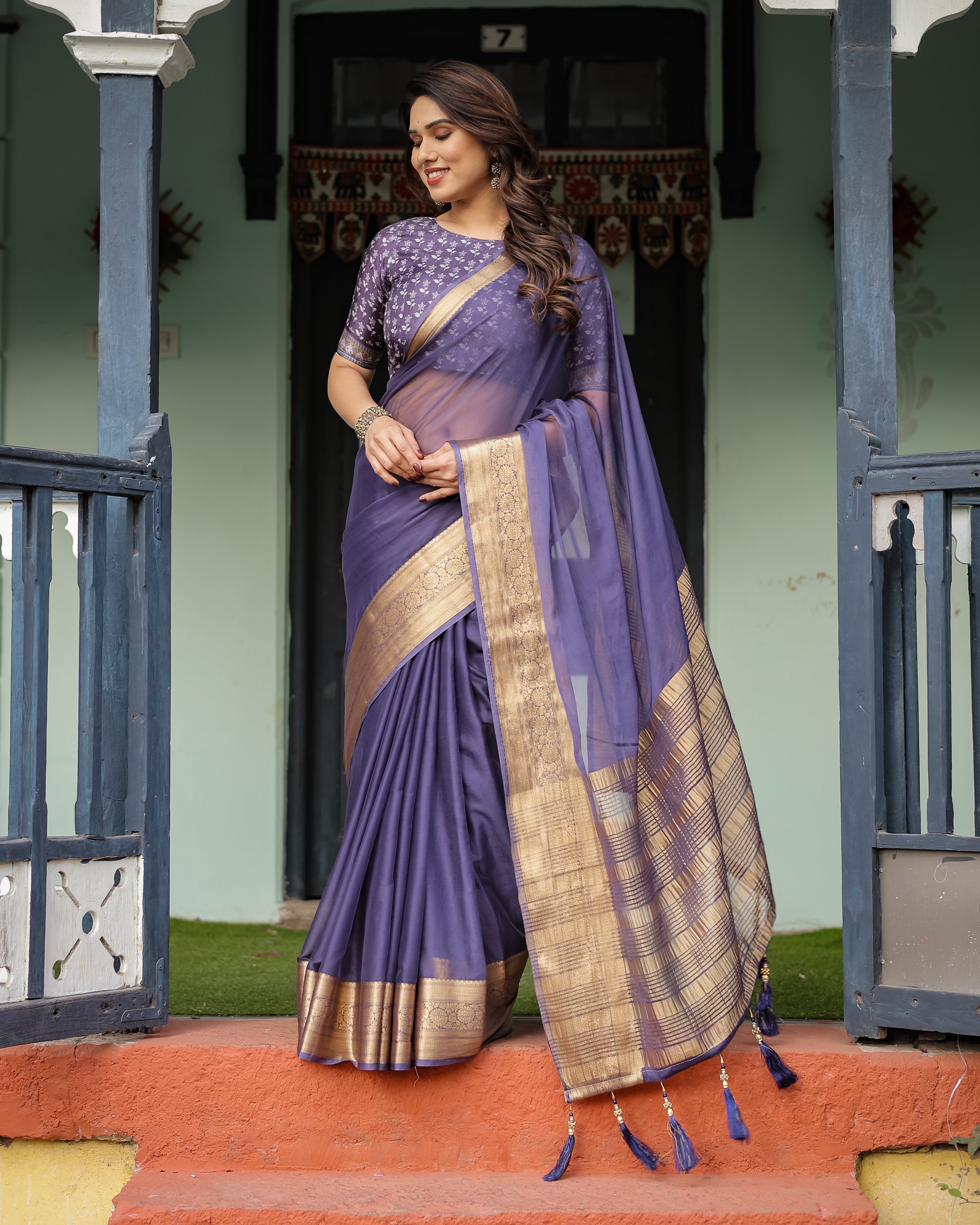 Deep Violet Plain Chiffon Saree with Gold Zari Border, Floral Printed Blouse & Tassel Detailing Secondary image