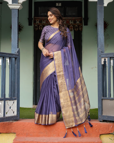 Deep Violet Plain Chiffon Saree with Gold Zari Border, Floral Printed Blouse & Tassel Detailing CHIFFON