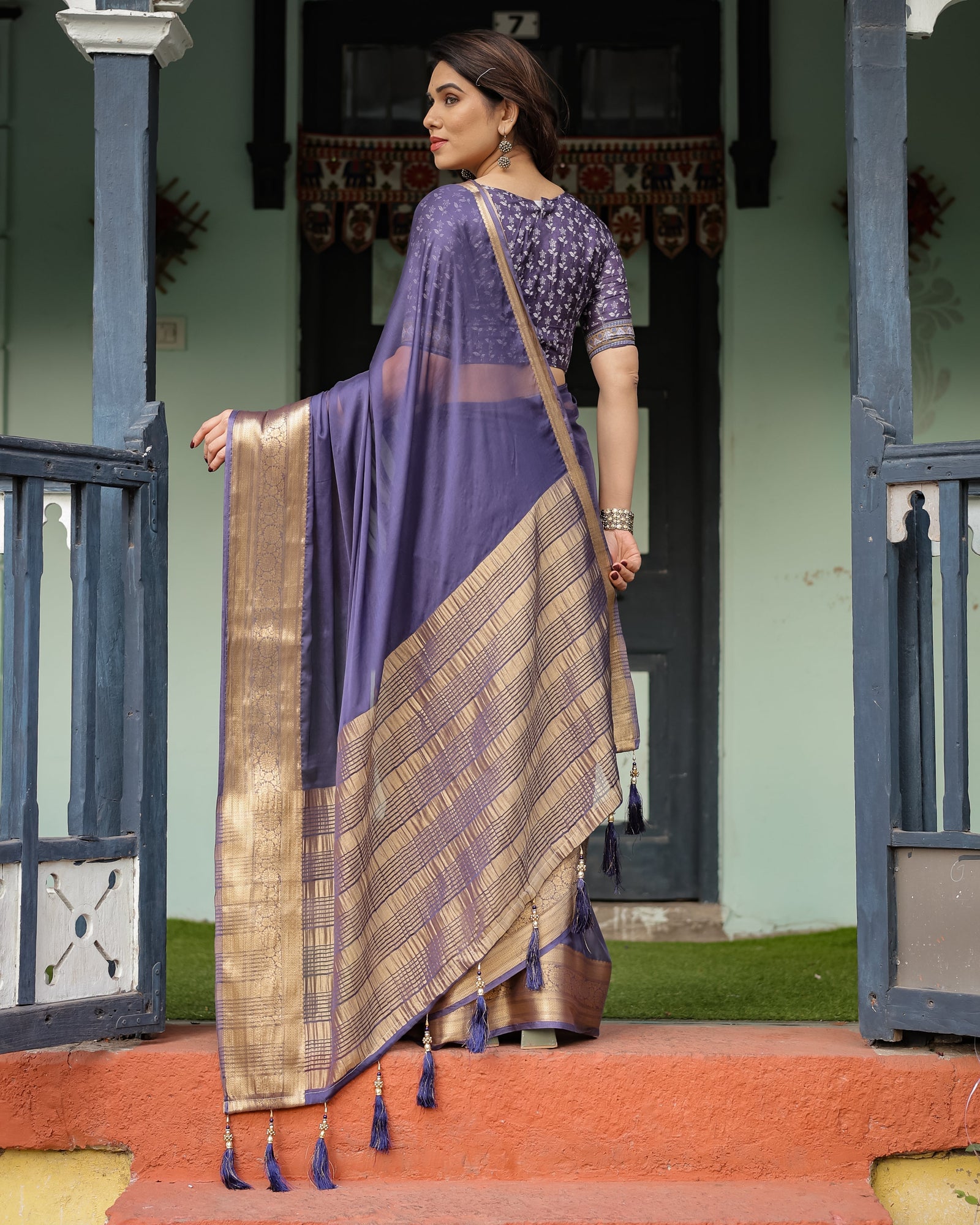 Deep Violet Plain Chiffon Saree with Gold Zari Border, Floral Printed Blouse & Tassel Detailing CHIFFON