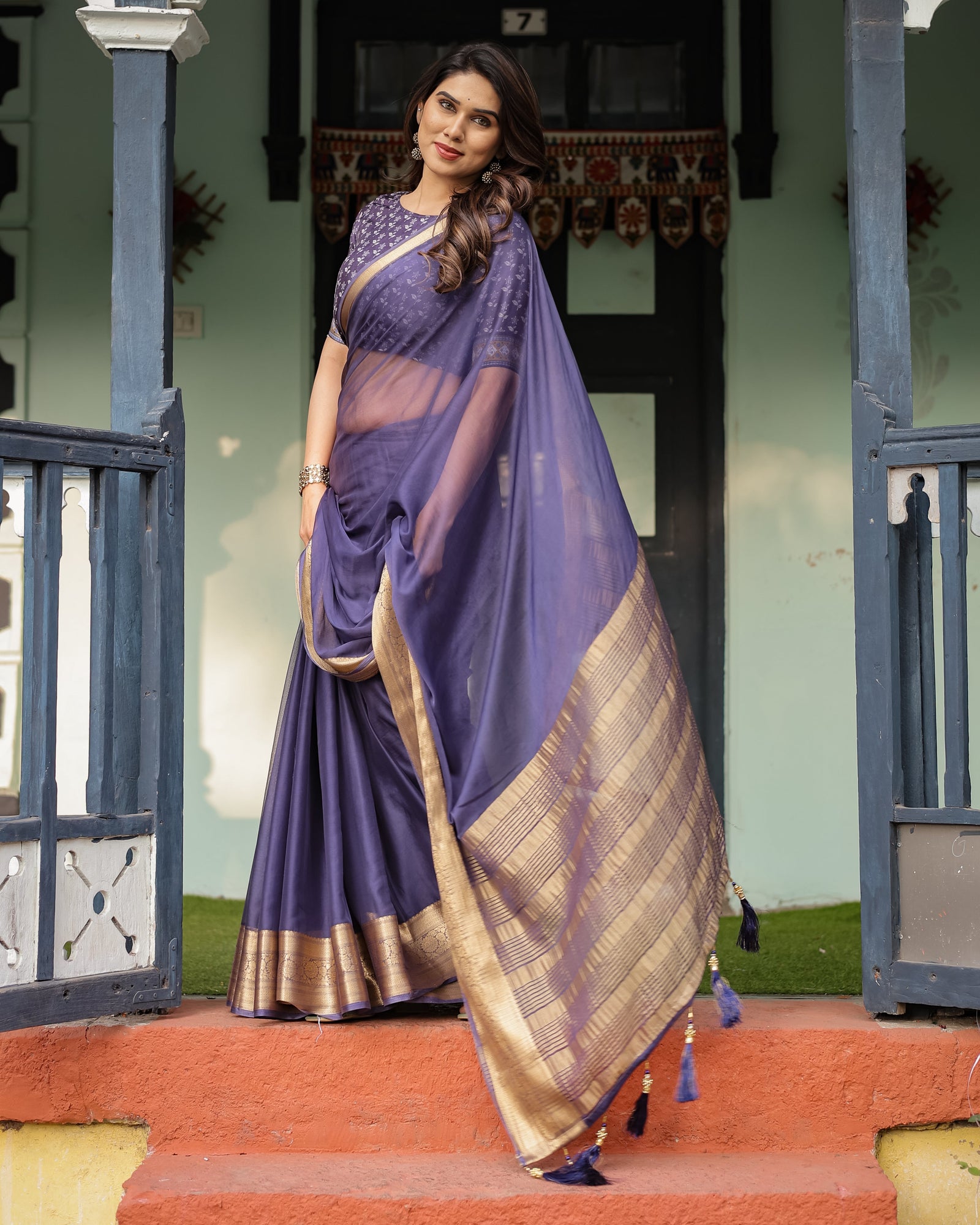Deep Violet Plain Chiffon Saree with Gold Zari Border, Floral Printed Blouse & Tassel Detailing CHIFFON