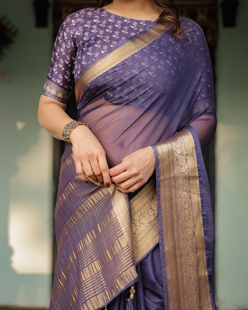 Deep Violet Plain Chiffon Saree with Gold Zari Border, Floral Printed Blouse & Tassel Detailing CHIFFON