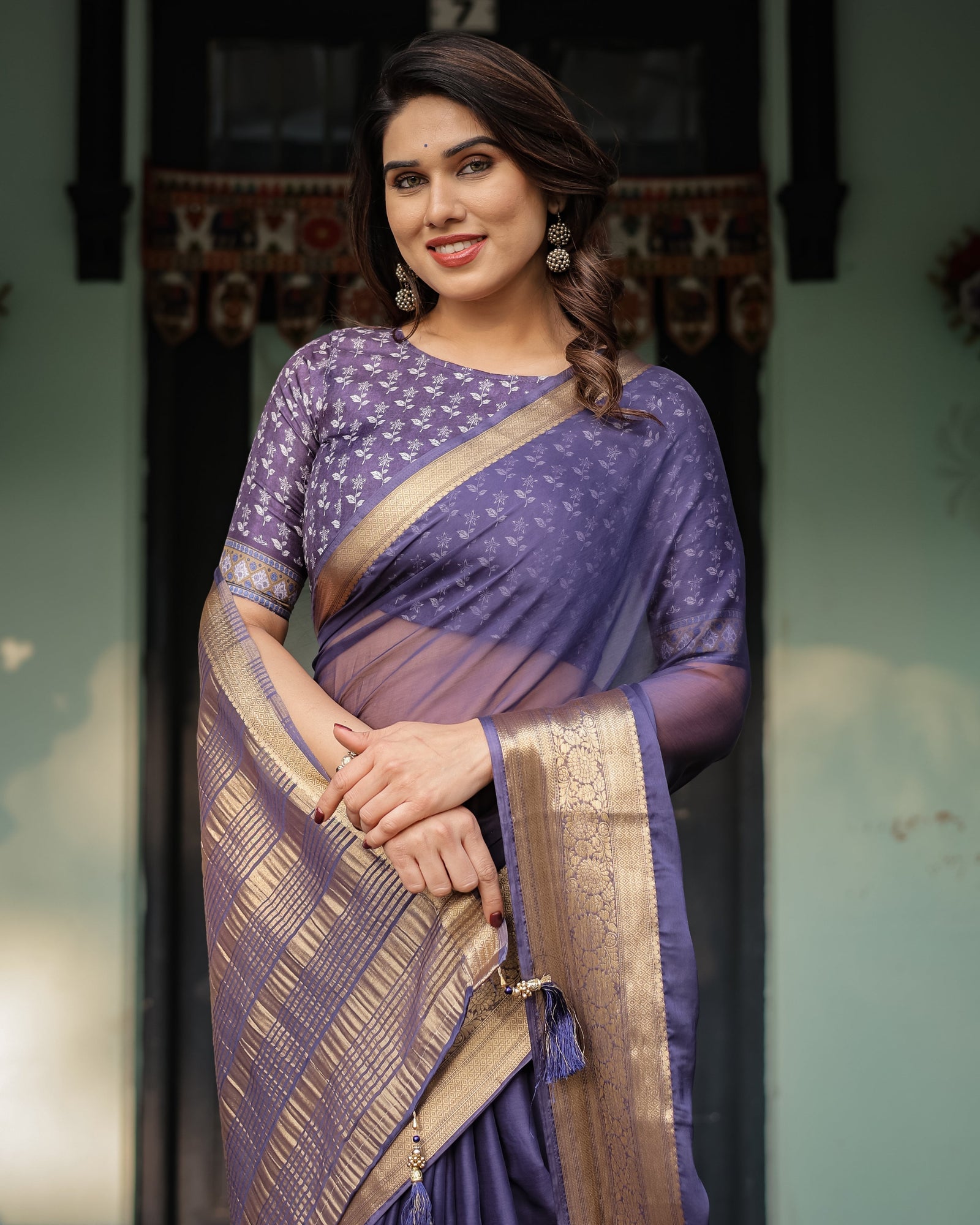 Deep Violet Plain Chiffon Saree with Gold Zari Border, Floral Printed Blouse & Tassel Detailing CHIFFON