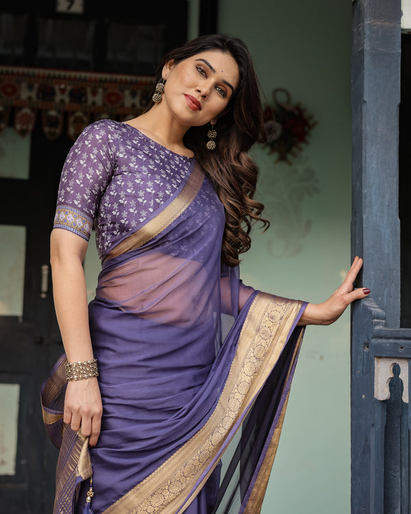 Deep Violet Plain Chiffon Saree with Gold Zari Border, Floral Printed Blouse & Tassel Detailing CHIFFON