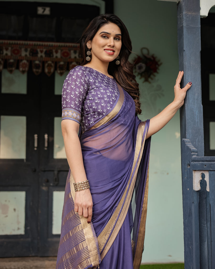 Deep Violet Plain Chiffon Saree with Gold Zari Border, Floral Printed Blouse & Tassel Detailing CHIFFON