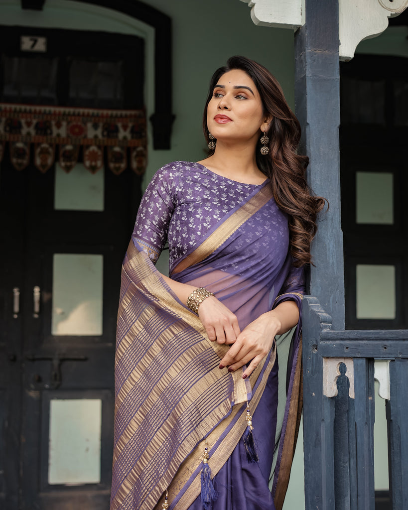 Deep Violet Plain Chiffon Saree with Gold Zari Border, Floral Printed Blouse & Tassel Detailing CHIFFON