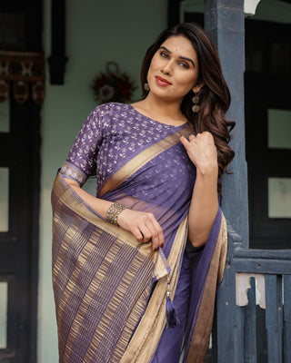 Deep Violet Plain Chiffon Saree with Gold Zari Border, Floral Printed Blouse & Tassel Detailing CHIFFON