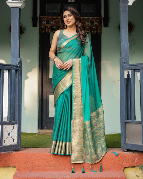 Elegant Sea Green Plain Chiffon Saree with Gold Zari Border, Paisley Printed Blouse & Tassel Detailing CHIFFON Main image
