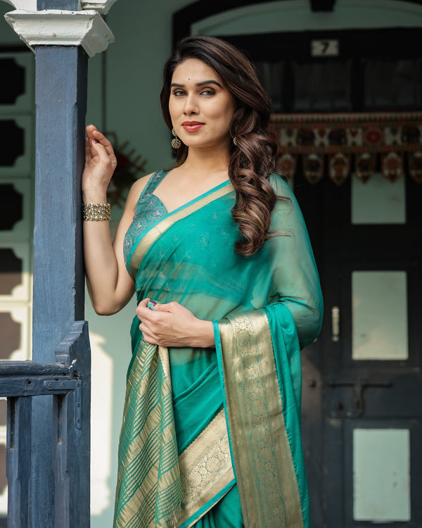Elegant Sea Green Plain Chiffon Saree with Gold Zari Border, Paisley Printed Blouse & Tassel Detailing CHIFFON