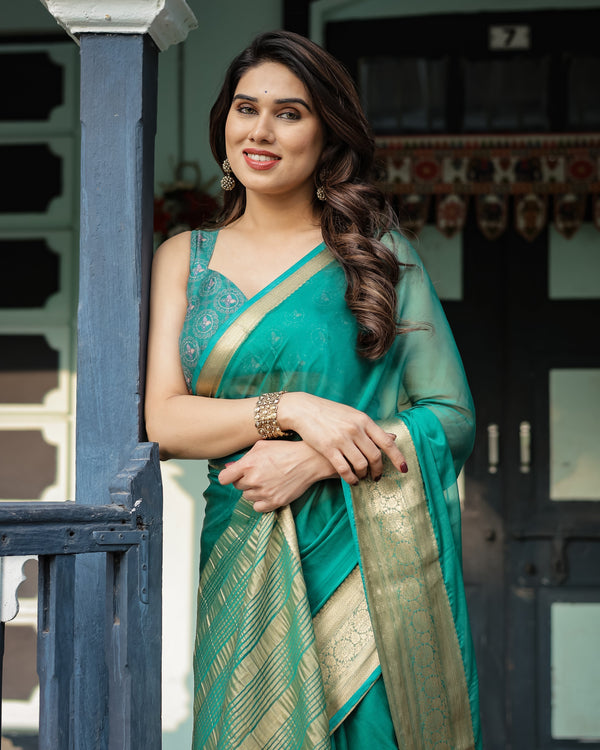 Elegant Sea Green Plain Chiffon Saree with Gold Zari Border, Paisley Printed Blouse & Tassel Detailing CHIFFON