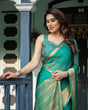 Load image into Gallery viewer, Elegant Sea Green Plain Chiffon Saree with Gold Zari Border, Paisley Printed Blouse &amp; Tassel Detailing CHIFFON