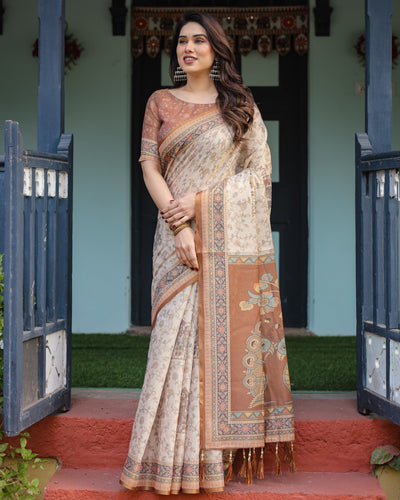 Beige and Rust Handloom Cotton-Linen Saree with Floral Motifs and Peacock Pallu LINEN HANDLOOM